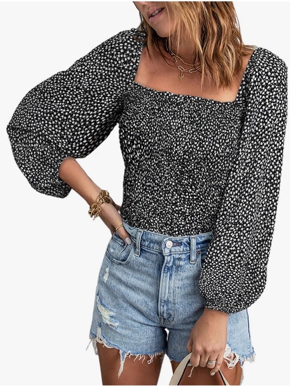 Smocked Square-Neck Puff Sleeve Blouse - Black & White Flowers